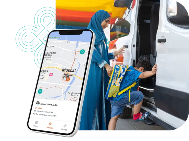 Parent and student boarding an eMushrif vehicle with the mobile app shown in the foreground.
